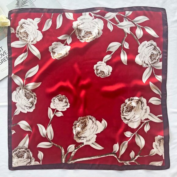 Silk Feeling Scarf Medium Square Satin Head 03 Red Flowers - Picture 2 of 7
